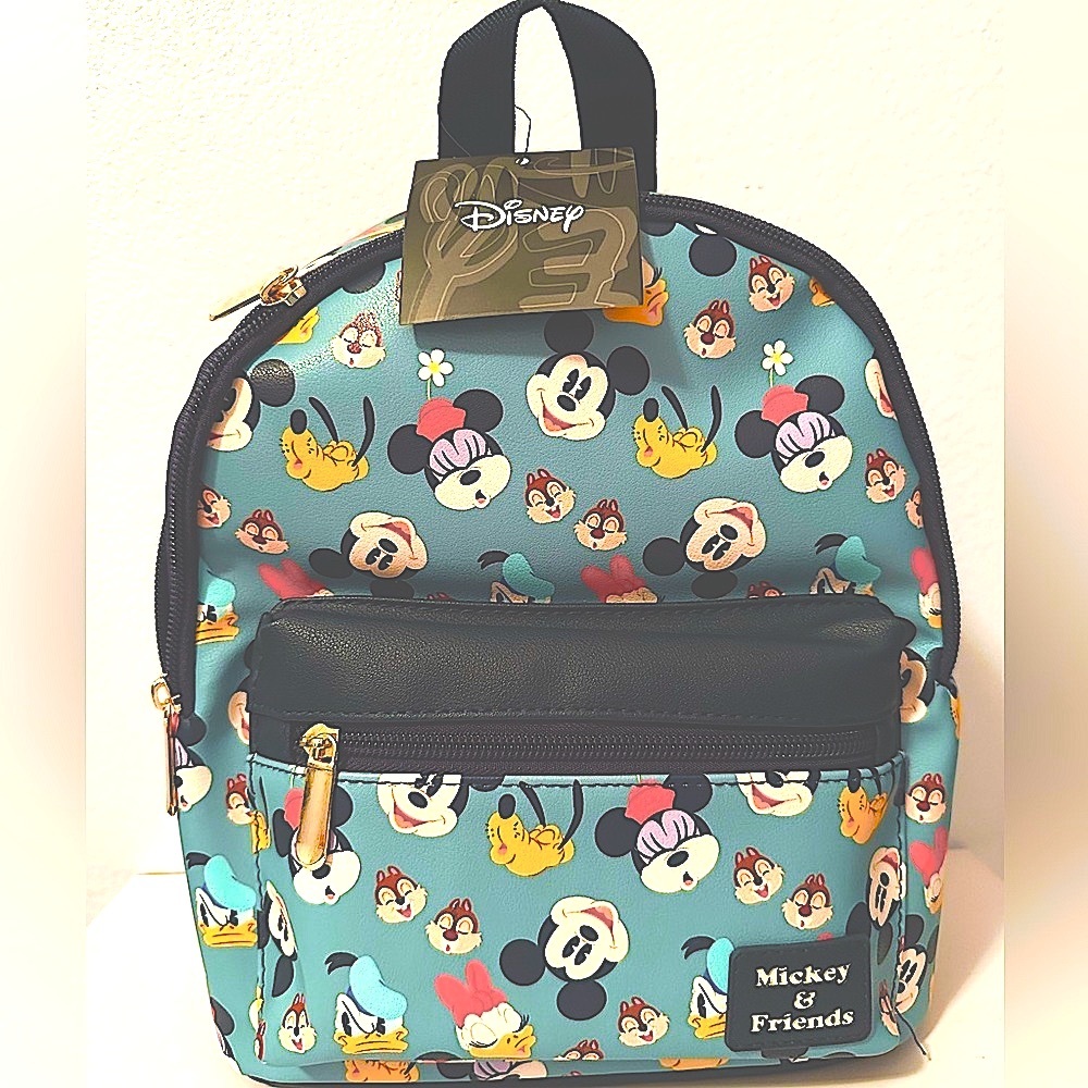 NWT Disney Mickey & Friends Mini Travel Backpack 11” Tall– Blue w/Fun Characters